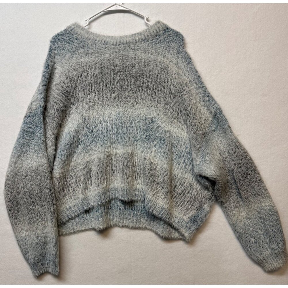 Cozy Ombre Knit Sweater Gray Blue Long Sleeve Pullover Soft Fuzzy Womens M